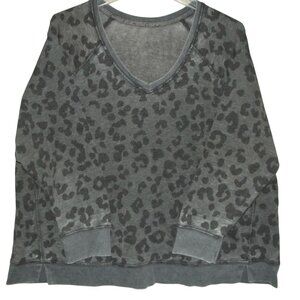 French Terry Sweatshirt Womens 3X Gray Leopard Print V-Neck Relaxed Fit